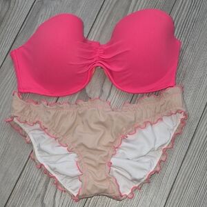 Victoria's Secret Hot Pink Strapless Bikini Top with Cheeky Ruffle Bottoms